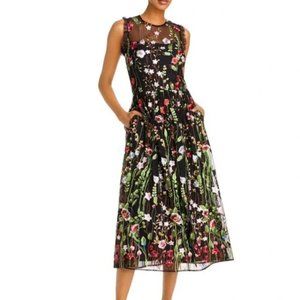 Aqua Formal Black Multi Embroidered Floral Festive Tulle Midi Built-in Bra 0